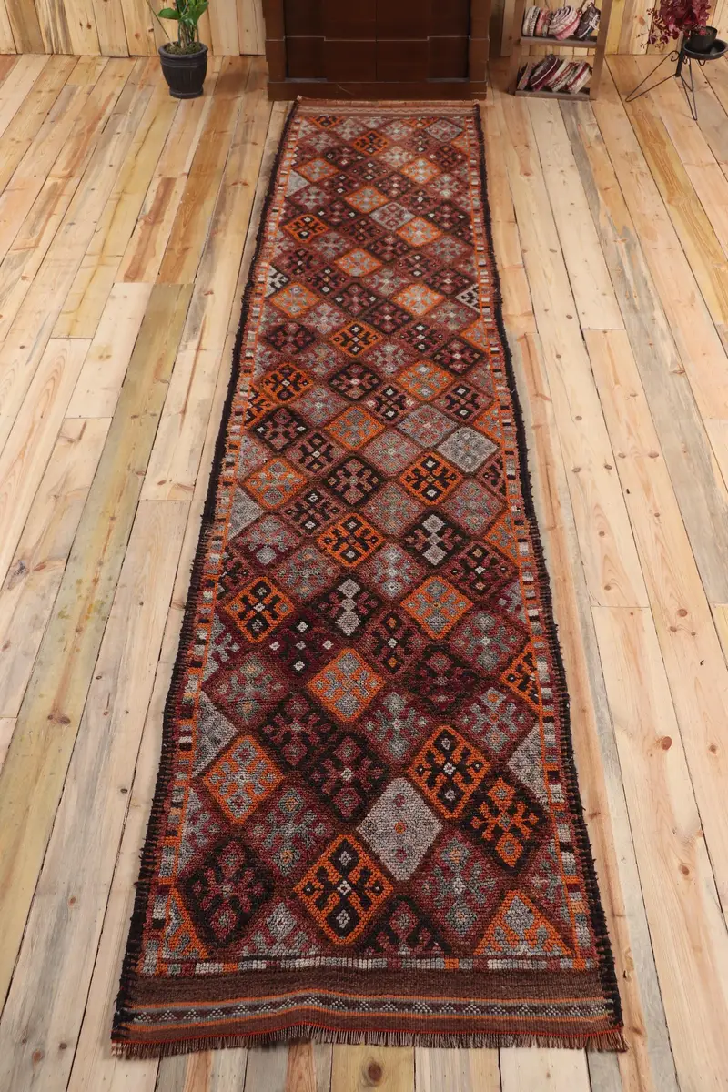Türkischer Vintage-Läuferteppich, 87 x 423 cm, brauner Paisley-Herki-Teppich - 1