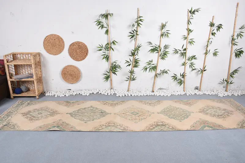 Alfombra Elegante Beige 100x400cm con Detalles Verdes