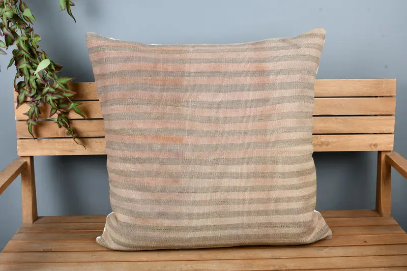 28x28 Beige Pillow, Kilim Pillow Cover, Cushion Cover, Square Throw Pillow, Kilim Rug Pillow Sham, Home Decor Pillow, Vintage Pillow - 6
