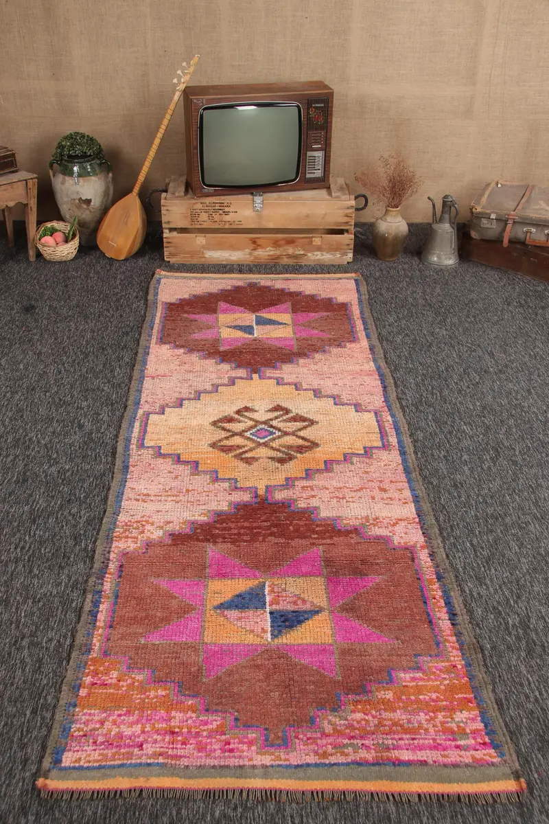 Turkish Vintage Rug 3.6x9.5 ft, Red Herki Striped Rug - 1