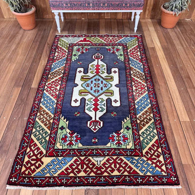 Vintage Turkish Rug 4x6.7 ft, Oushak Blue Floral Wool Rug - 1