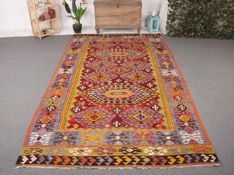 Zarif Kırmızı ve Mavi İkat Halı, 6,6x11,1 ft