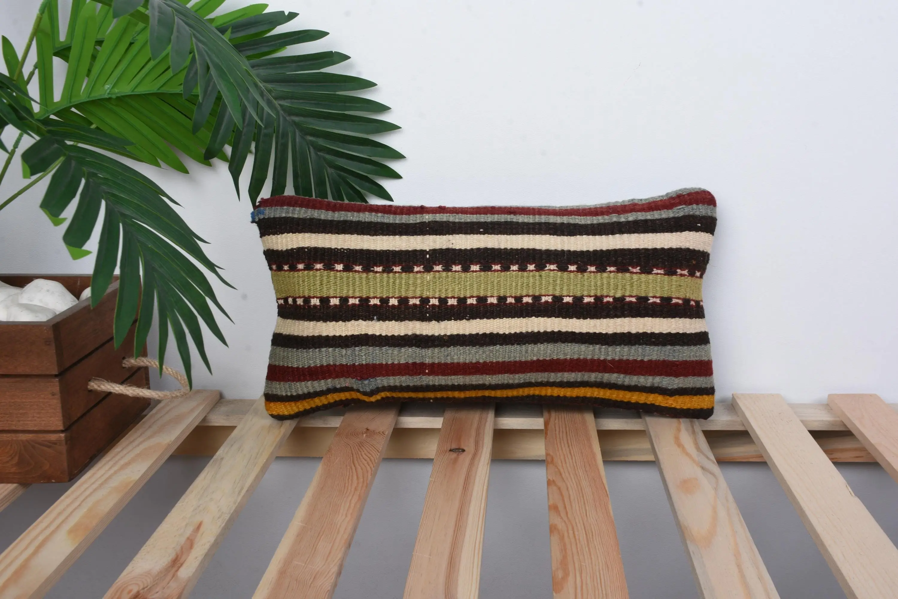 Green & Brown Striped Throw Pillow, 8x16 Inches, Handmade Cotton Cushion