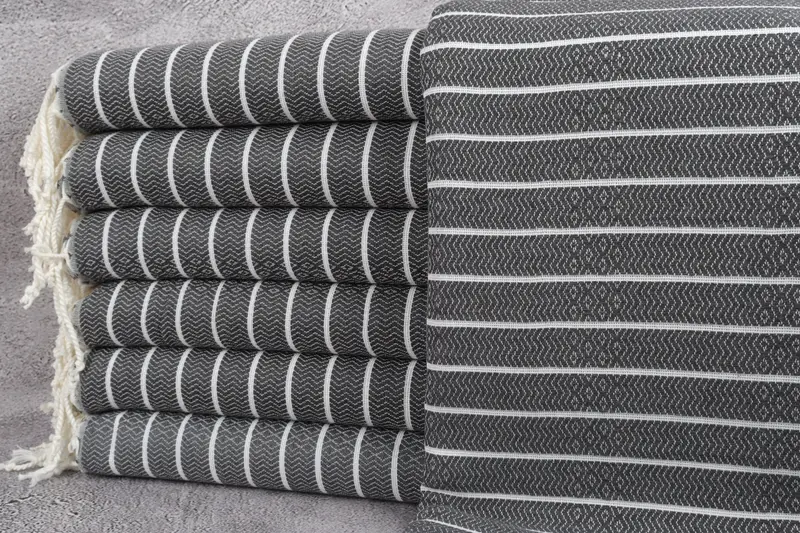 Turkish Bath Towel Dark Gray Striped, 40x71 Inches, Beige Accent