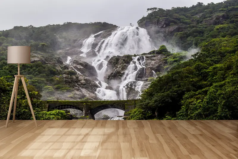 Old Bridge Landscape Wall Poster, Dudhsagar Landscape Wallpaper, Water Landscape Wall Art, Waterfall Landscape Wallpaper, - 4