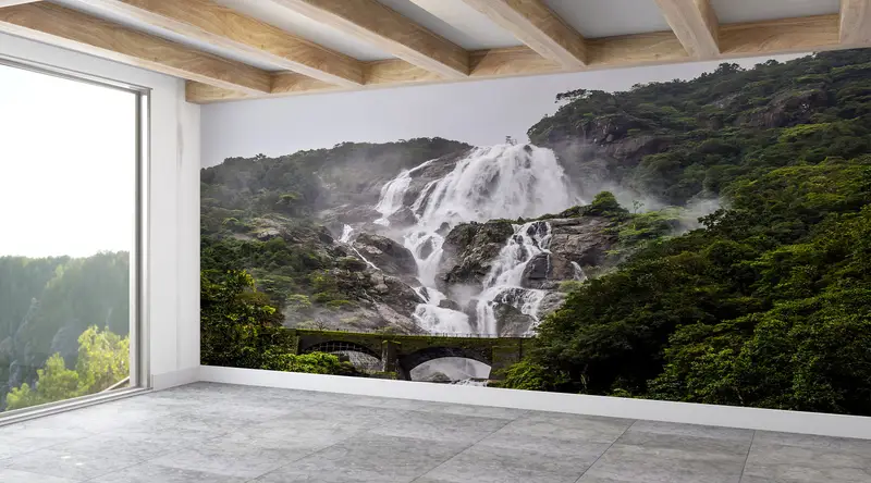 Old Bridge Landscape Wall Poster, Dudhsagar Landscape Wallpaper, Water Landscape Wall Art, Waterfall Landscape Wallpaper, - 2