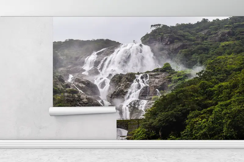 Old Bridge Landscape Wall Poster, Dudhsagar Landscape Wallpaper, Water Landscape Wall Art, Waterfall Landscape Wallpaper, - 1