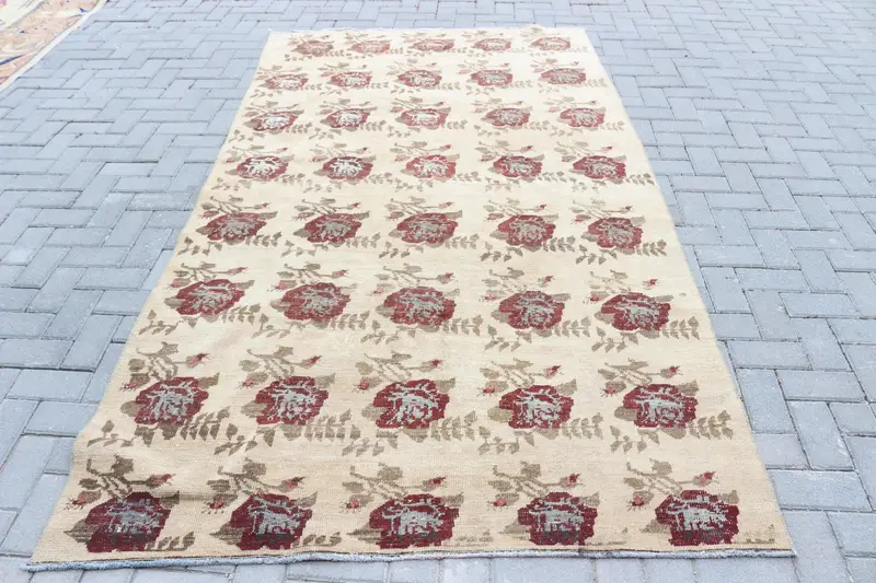 Turkish Rug, 5.1x8.9 ft Vintage Rug, Red Beige Moroccan Wool Rug - 1