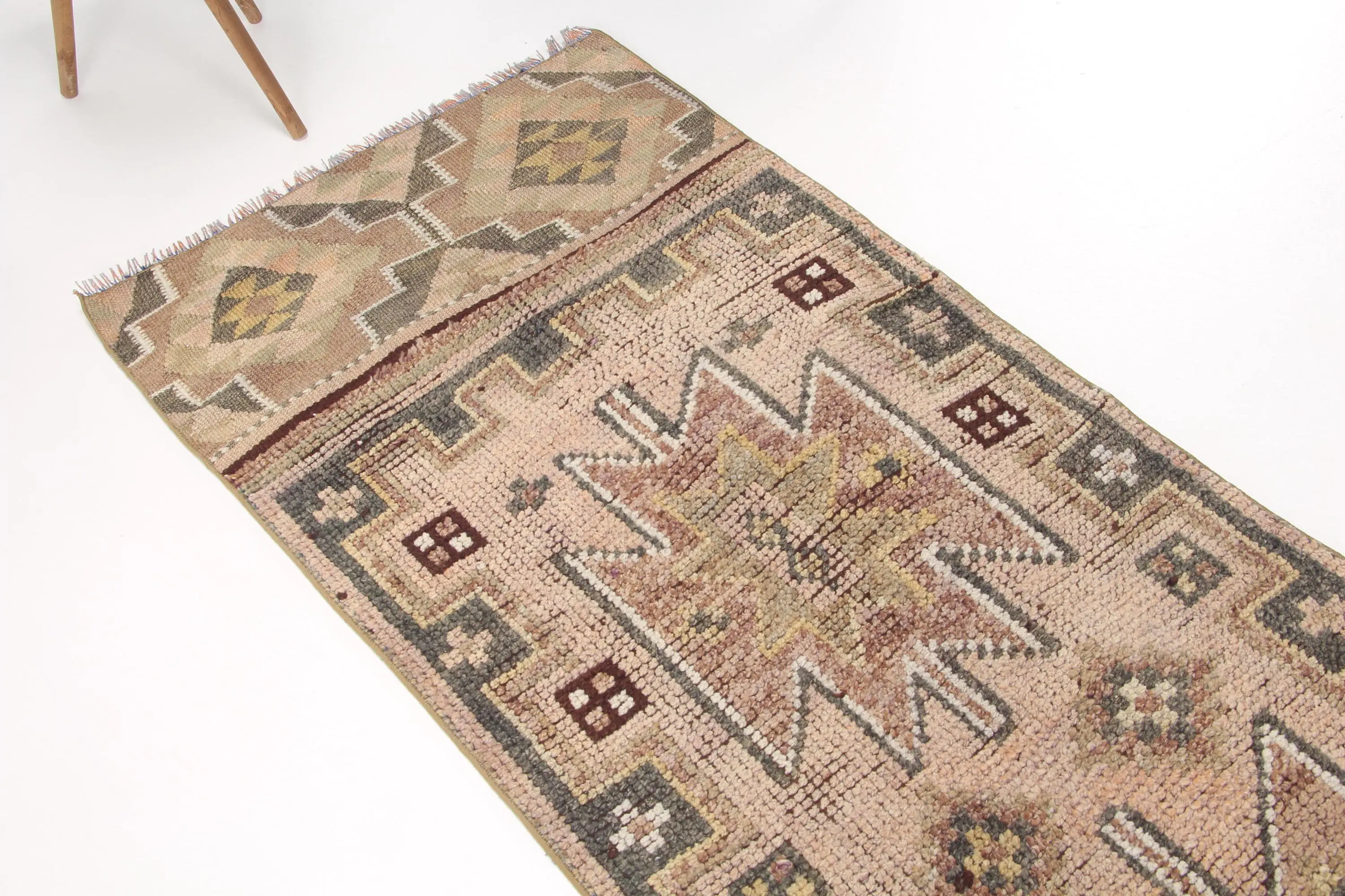 2.7x10.3 ft Rug, Vintage Turkish Rug, Brown Check Rug - 1