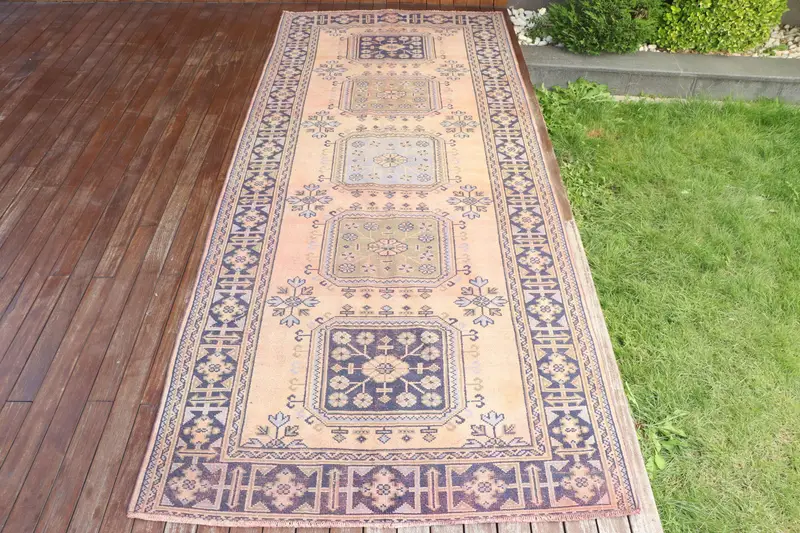 Handmade Orange & Blue Rug, 4x11.7 ft Geometric Floral