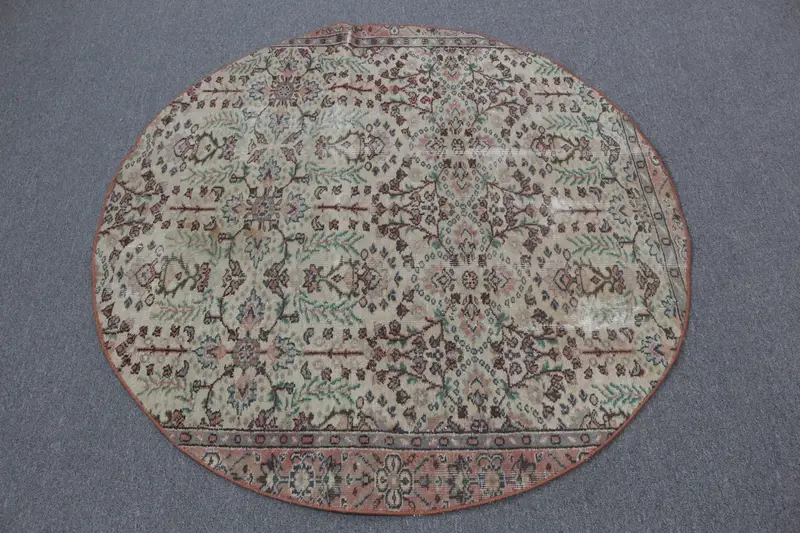 エレガントな4.8x4.76フィートのラグ、ブラウン&グリーンのペルシャ柄