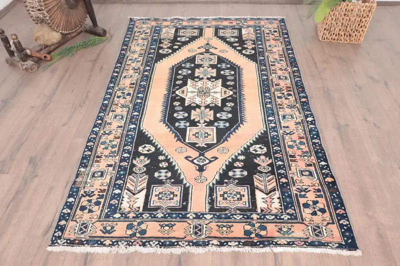 4x6.5 ft Turkish Oushak Rug, Vintage Rug, Blue Floral Wool Rug - 1