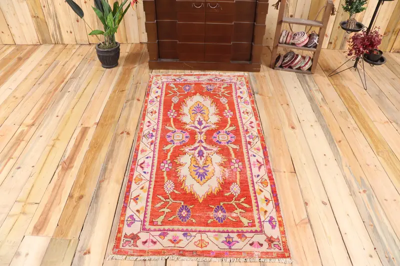 Vintage Türk Halısı 2.7x5.4 ft, Kırmızı Oushak İkat Halı - 1