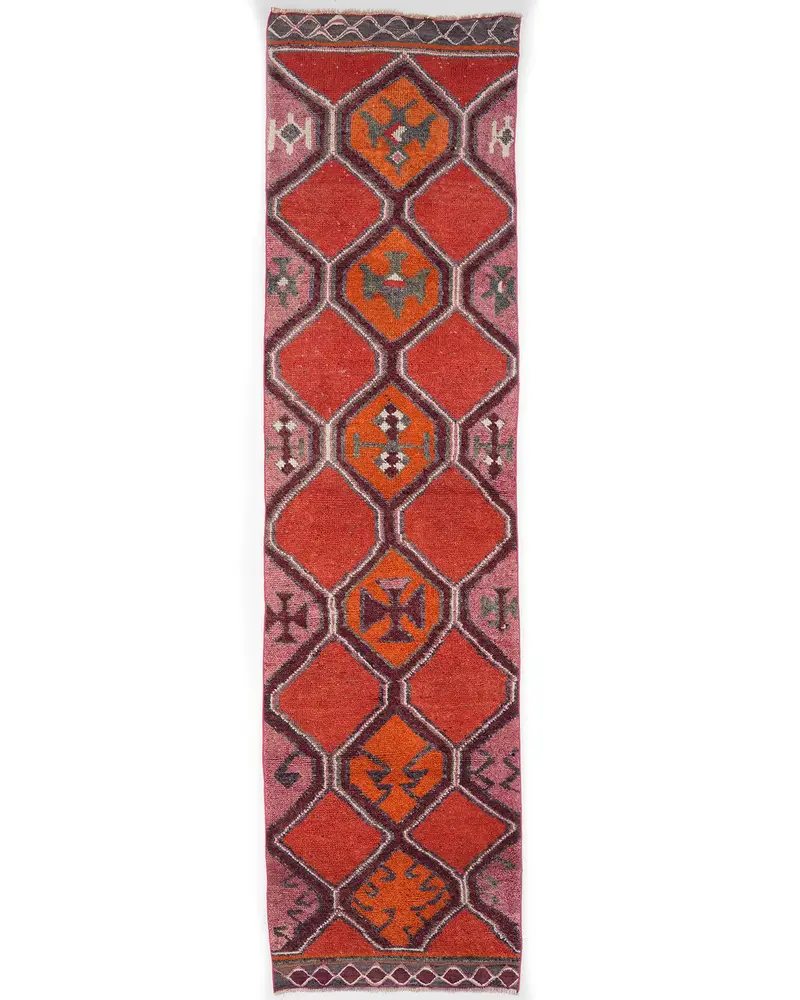 Turuncu Tonlu Kırmızı Halı, 3,1x11,9 ft Zarif İlave