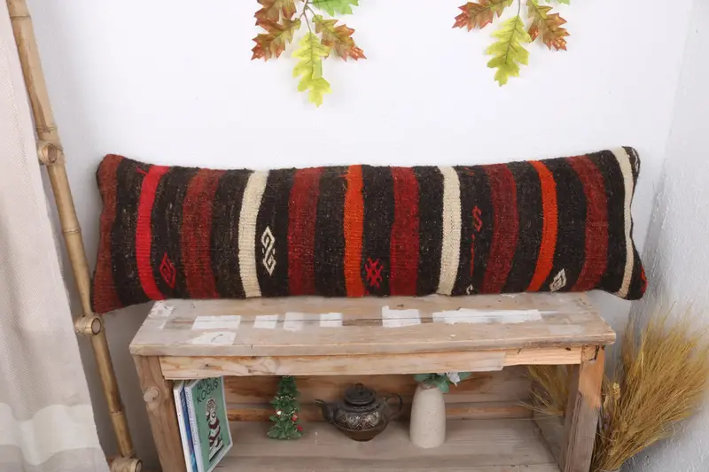 Vintage Kilim Pillow, Vintage Pillow, Vintage Kilim Throw Pillow, Outdoor Throw Cushion Cover, Pillow Sham, 12x43 Red Pillow Case - 1