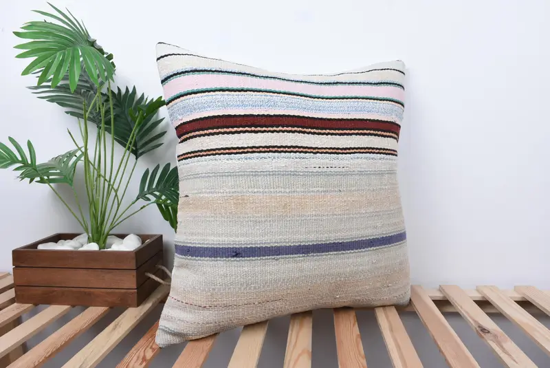 Turkish Kilim Pillow, Ethnical Kilim Rug Pillow, 24x24 White Pillow Sham, Pillow Case, Luxury Pillow Cover, Turkish Pillow, Garden Cushion Cover - 4