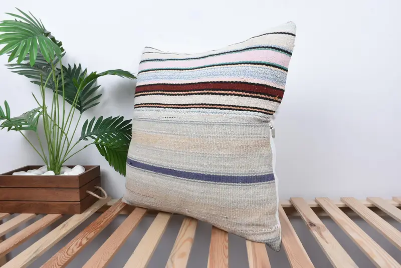 Turkish Kilim Pillow, Ethnical Kilim Rug Pillow, 24x24 White Pillow Sham, Pillow Case, Luxury Pillow Cover, Turkish Pillow, Garden Cushion Cover - 5