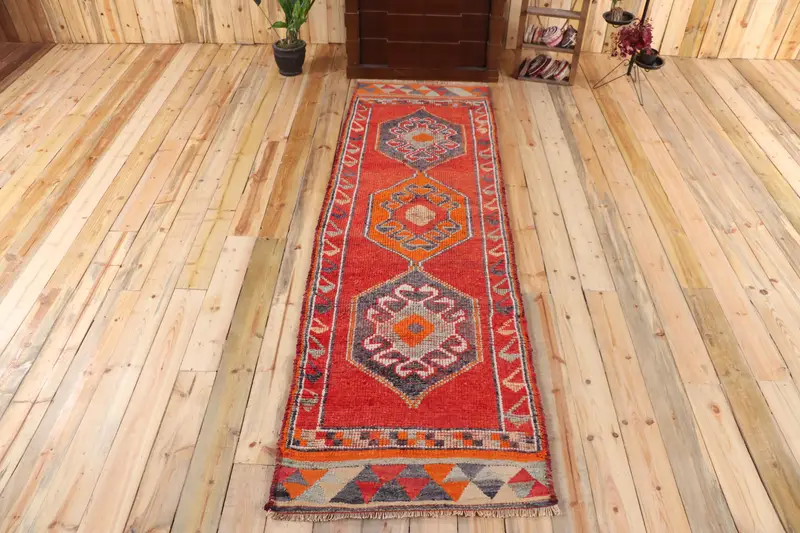 Türk Herki Yolluk Halısı 2.8x9.7 ft (86x296 cm), Vintage Kırmızı Paisley Yün Halı - 1