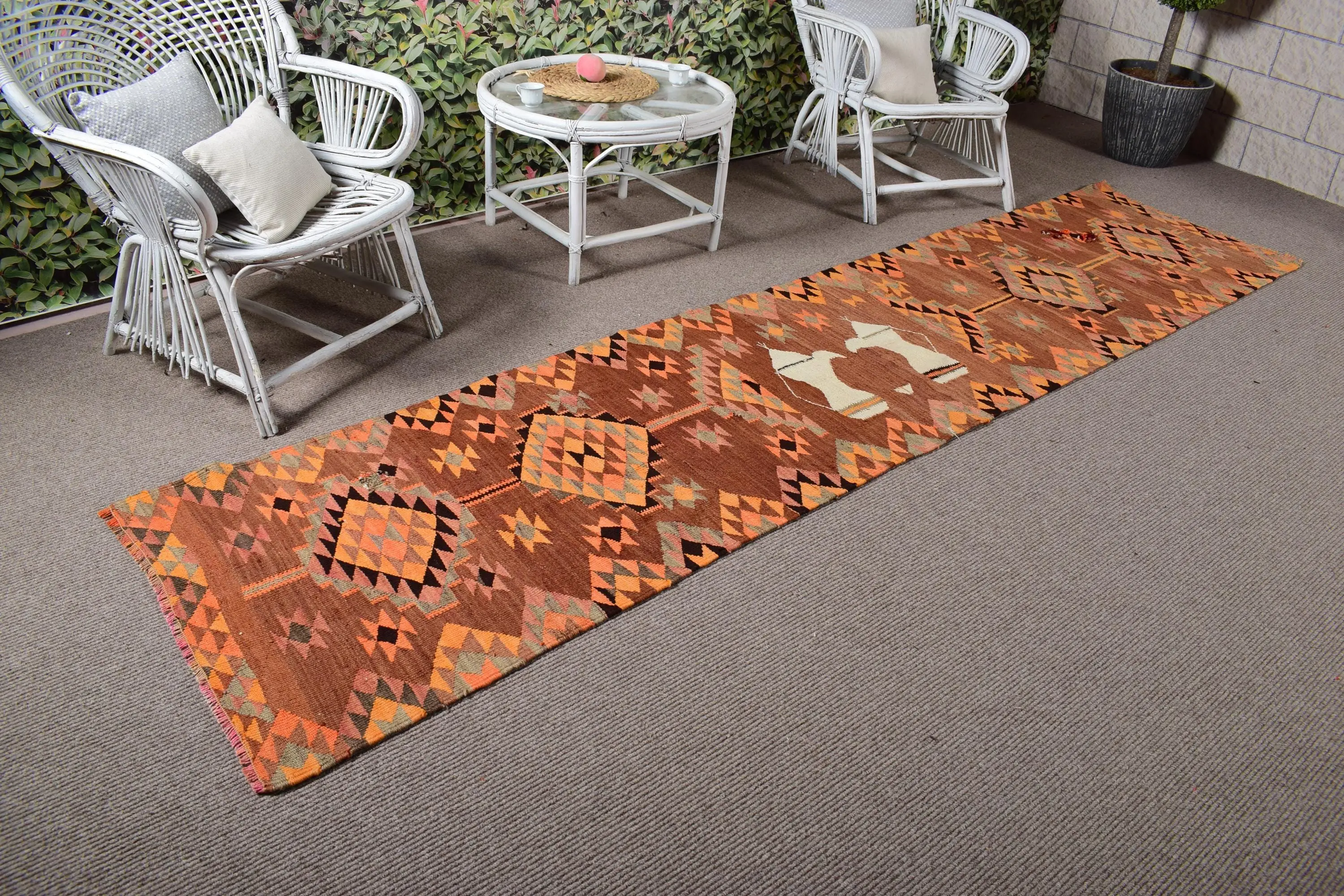 Vintage Türk Halısı 2.6x11 ft (80x336 cm), Kahverengi Kareli Halı - 1