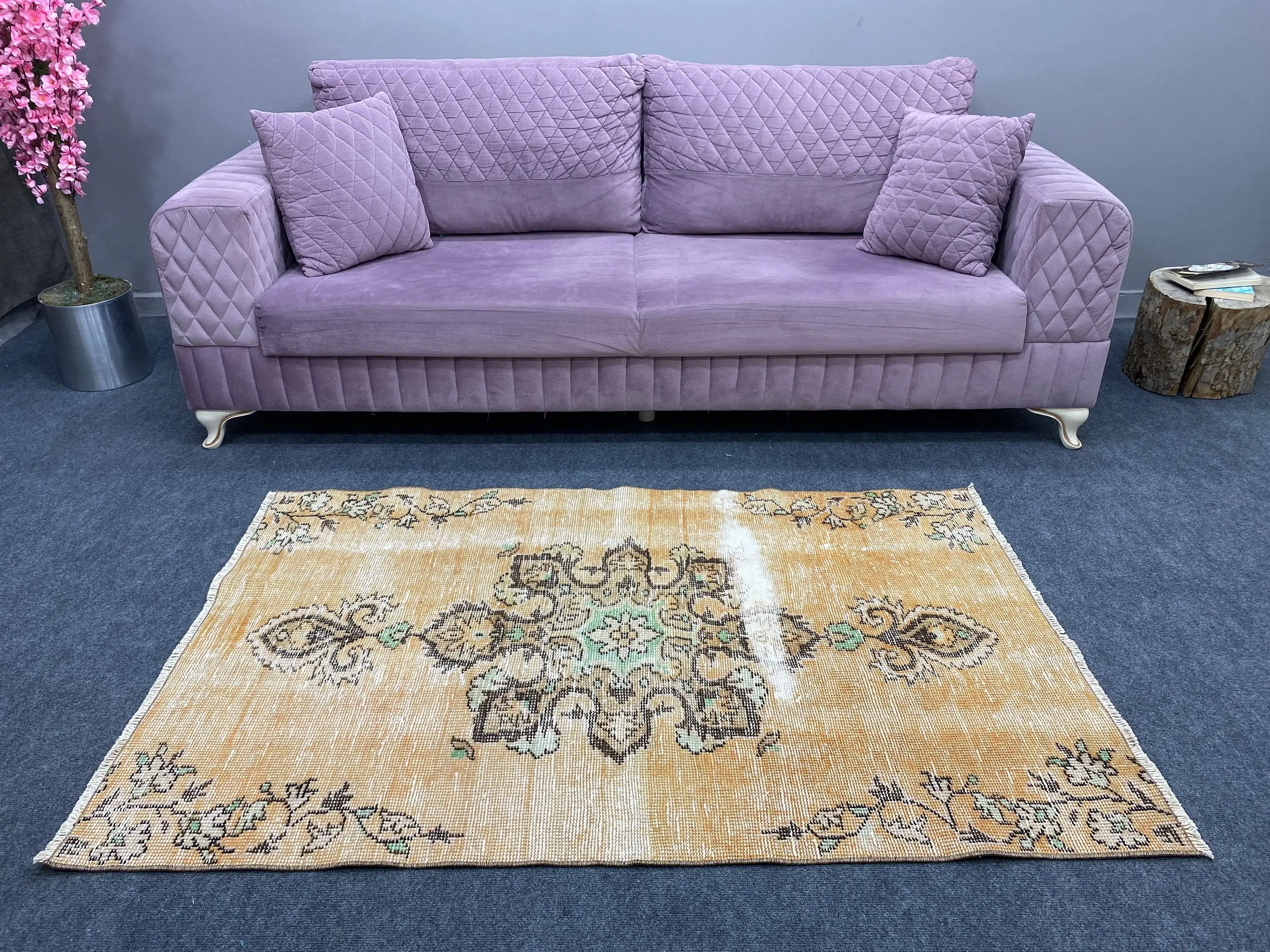 3.37x5.2 ft Vintage Halı, Türk Vurgulu Halı, Sarı Yeşil Oryantal Yün Halı - 1