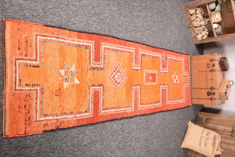 Turkish Herki Runner Rug 3.4x11.1 ft (105x337 cm), Vintage Orange Geometric Rug - 1