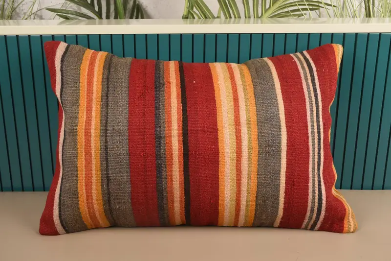 Orange Vintage Cushion Cover, Antique 40x60 cm Pillow Sham, Striped Bedroom Pillow Cover - 1