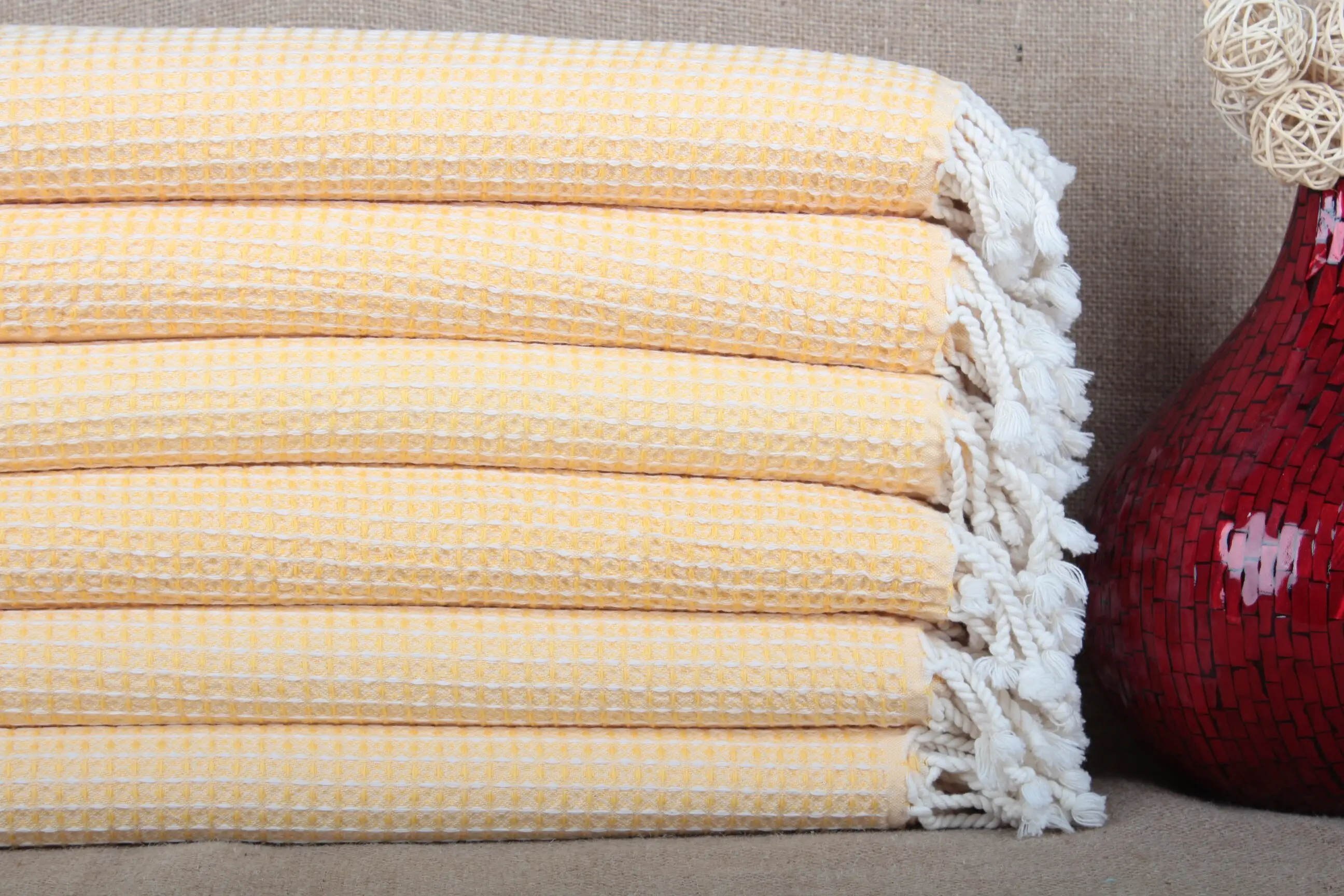Organic Cotton Towel Yellow Waffle Peshtemal, 36x67 Inches - 1