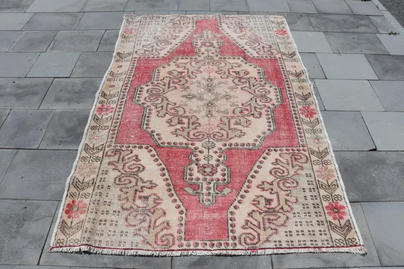 4.3x6.4 ft Türk Oushak Halısı, Kırmızı Oryantal Vintage Yün Halı - 1