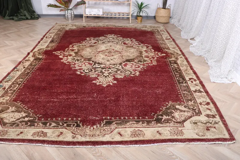 Vintage Oushak Teppich 7,6x11 ft (231x336 cm), Türkischer Teppich mit roten Pflanzen und Bäumen - 1