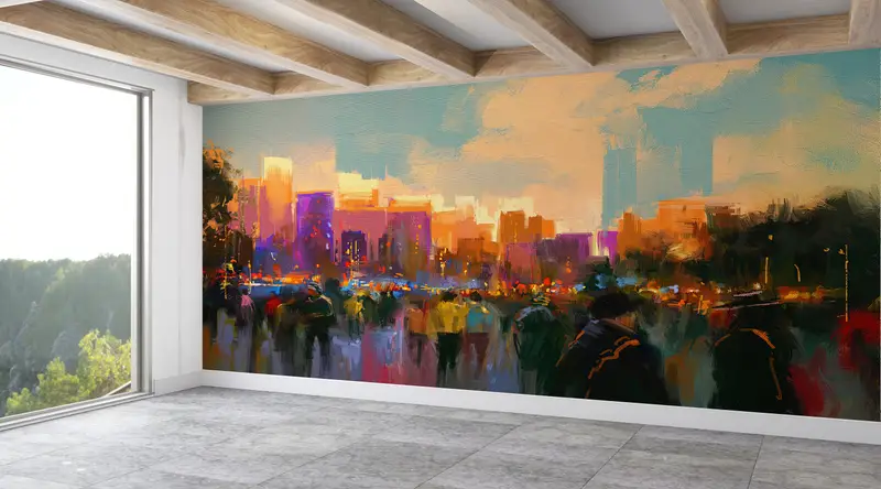 Çağdaş Baskılı Duvar Kağıdı: İnsanların Tablolarıyla Soyut Şehir Manzarası