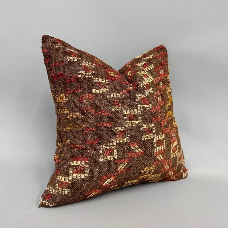 Decorative Throw Cushion Case, Vintage Kilim Pillow, Garden Pillow Case, Vintage Pillow, Boho Pillow Sham Cover, Cushion Case, 18x18 Brown Pillow - 2