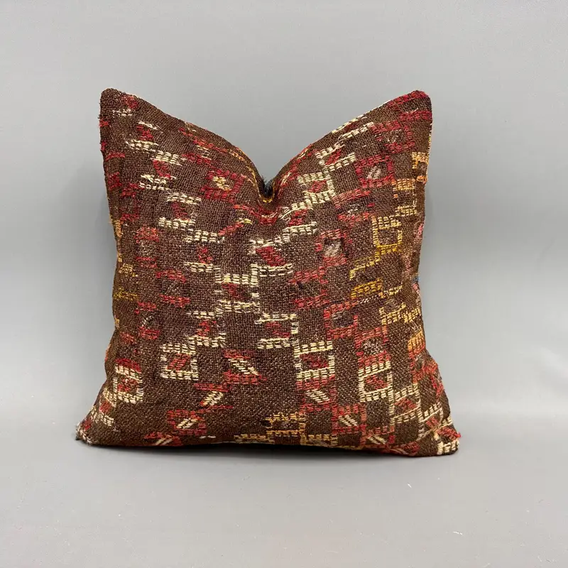 Decorative Throw Cushion Case, Vintage Kilim Pillow, Garden Pillow Case, Vintage Pillow, Boho Pillow Sham Cover, Cushion Case, 18x18 Brown Pillow - 1