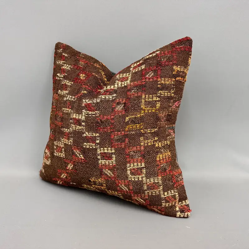 Decorative Throw Cushion Case, Vintage Kilim Pillow, Garden Pillow Case, Vintage Pillow, Boho Pillow Sham Cover, Cushion Case, 18x18 Brown Pillow - 3