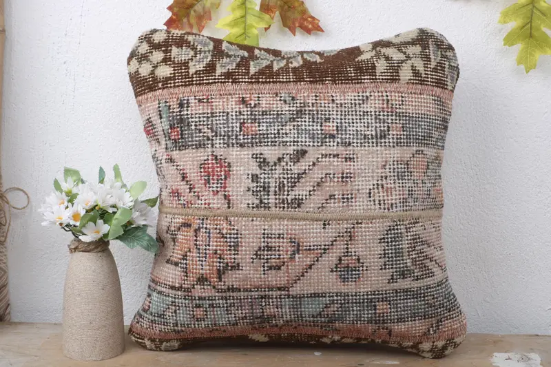 Turkish Bench Pillow Cover, Cushion Case, 16x16 Beige Pillow Sham, Throw Kilim Pillow, Ethnical Kilim Rug Pillow, Turkish Pillow - 2