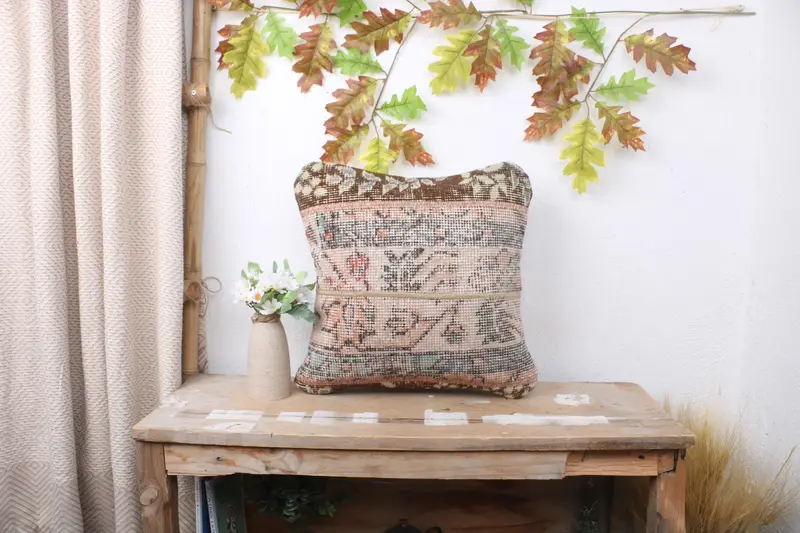 Turkish Bench Pillow Cover, Cushion Case, 16x16 Beige Pillow Sham, Throw Kilim Pillow, Ethnical Kilim Rug Pillow, Turkish Pillow - 1