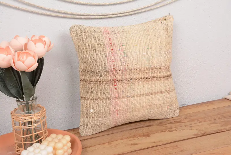 Beige & braun gestreiftes Wurfkissen, Vintage besticktes Kissen