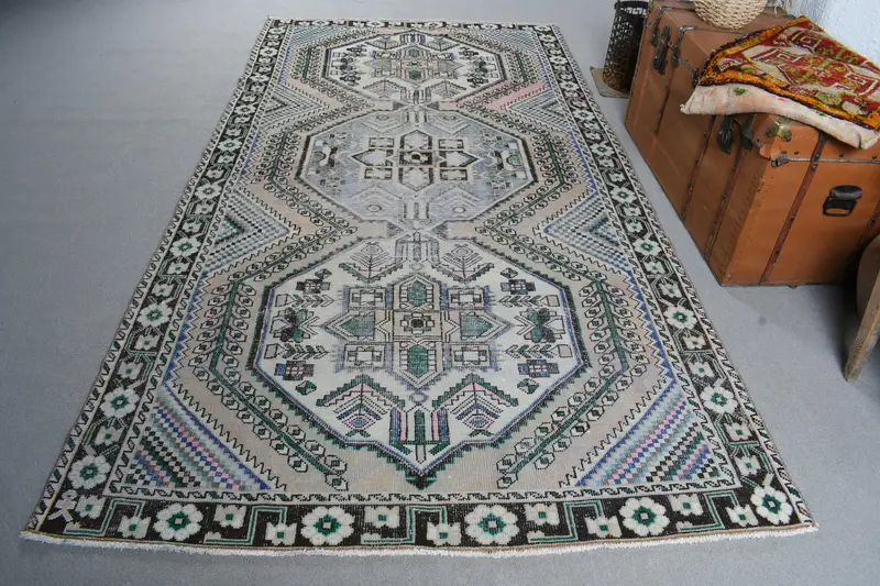 Vintage 5.1x9.4 ft Büyük Halı, Türk Halısı, Oushak Mavi Puantiyeli Halı - 1