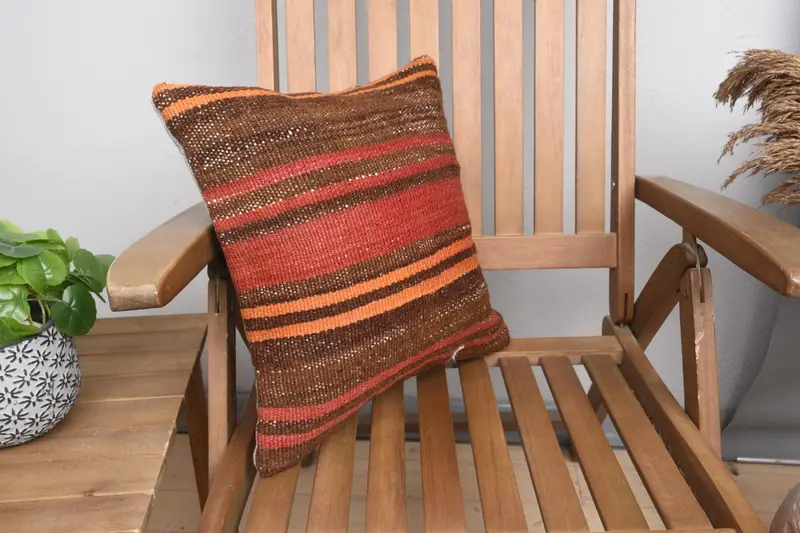 Turkish Kilim Pillow, Pillow, 16x16 Red Pillow Case, Gift Pillow, Throw Kilim Pillow, Armchair Pillow Sham, Vintage Kilim Pillow Cushion - 2