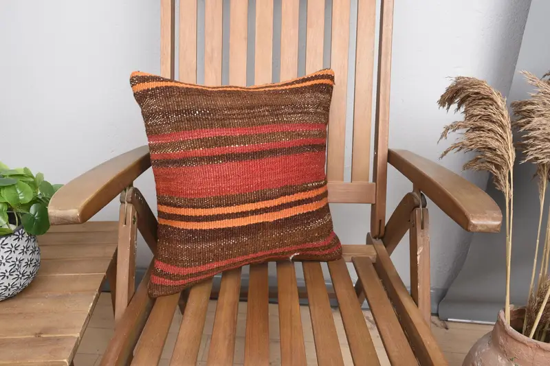Turkish Kilim Pillow, Pillow, 16x16 Red Pillow Case, Gift Pillow, Throw Kilim Pillow, Armchair Pillow Sham, Vintage Kilim Pillow Cushion - 1