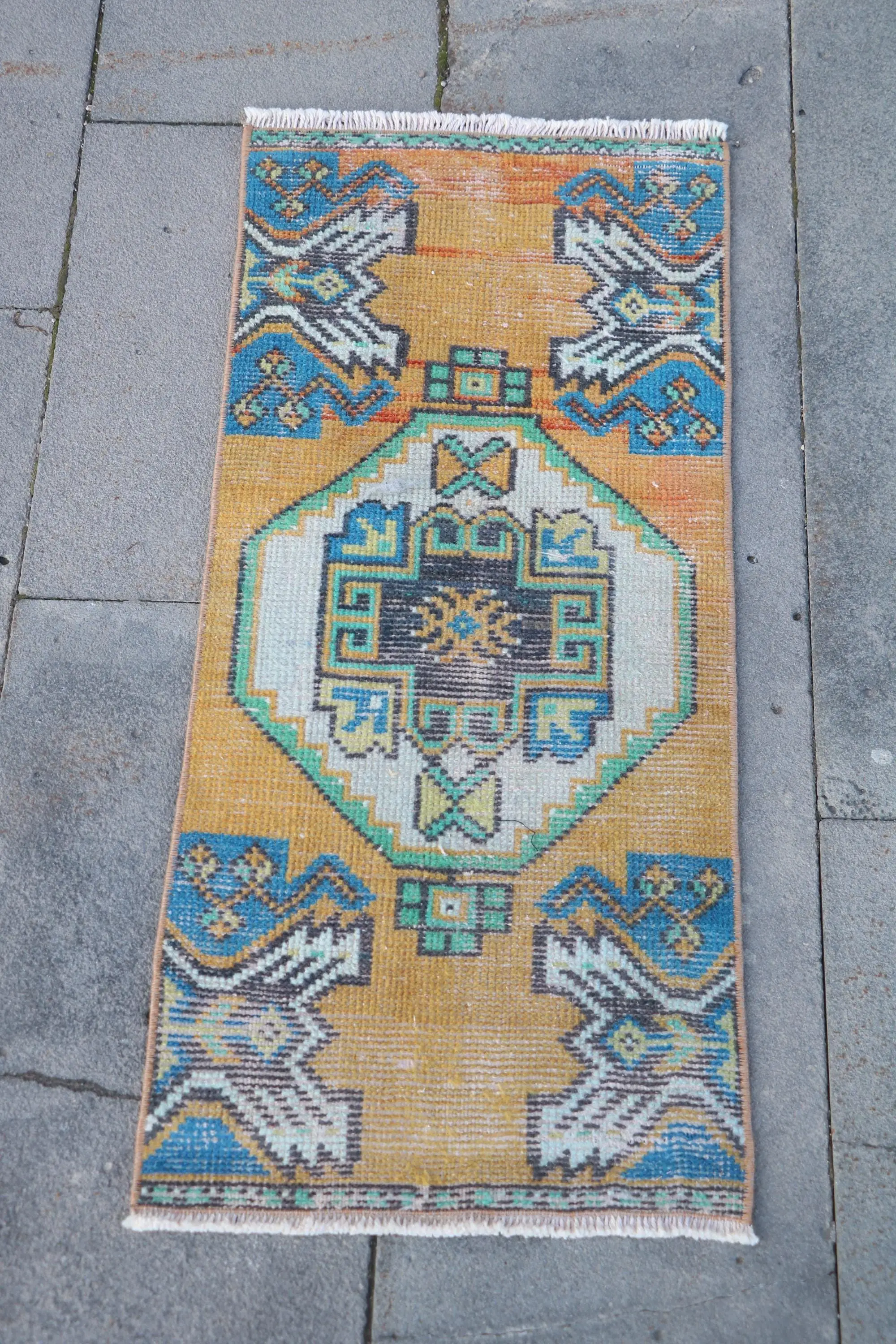 1.3x2.9 ft Turkish Rug, Yellow Abstract Vintage Rug Wool - 1