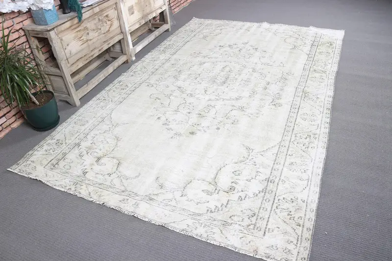 5.8x8.8 ft Vintage Türk Halısı, Büyük Halı, Beyaz Gri Hayvan Baskı Yün Halı - 1