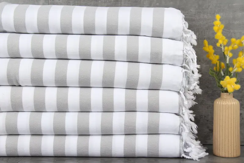 Turkish Beach Towel Organic Cotton Gray Stripes, 40x67 Inches