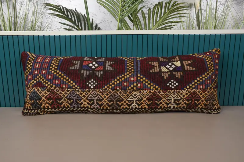 Long Lumbar Geometric Vintage Pillowcase, Antique 12x35 inch DesignerBeige Wool Euro Sham - 1