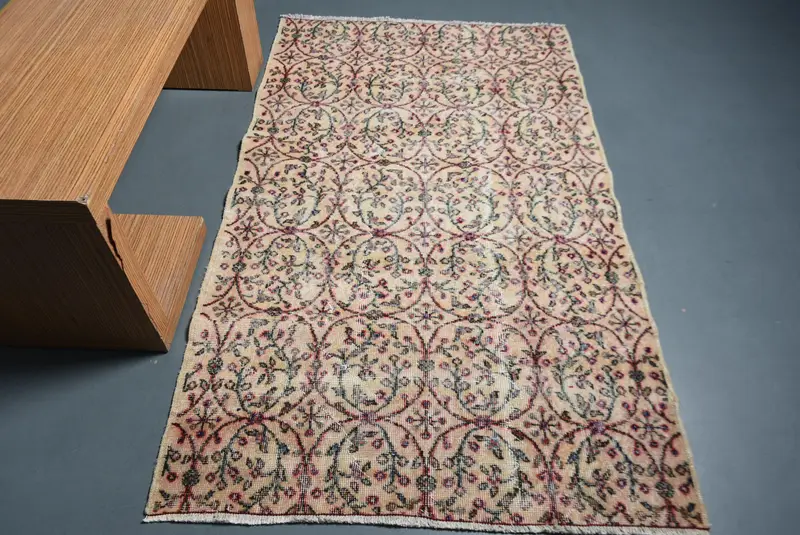 3.8x6.4 ft Area Turkish Rug, Vintage Rug, Red Green Check Wool Rug - 1