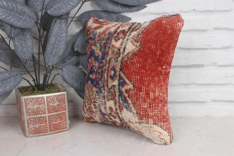 Pillow Case, 12x12 Red Pillow Case, Kilim Cushion Sham, Turkish Kilim Pillow, Sustainable Cushion Cover, Vintage Kilim Throw Pillow - 3