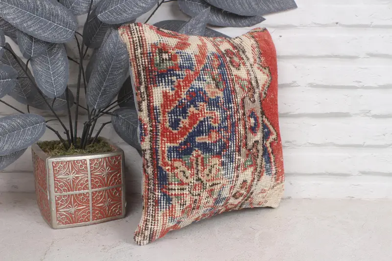 Pillow Case, 12x12 Red Pillow Case, Kilim Cushion Sham, Turkish Kilim Pillow, Sustainable Cushion Cover, Vintage Kilim Throw Pillow - 4