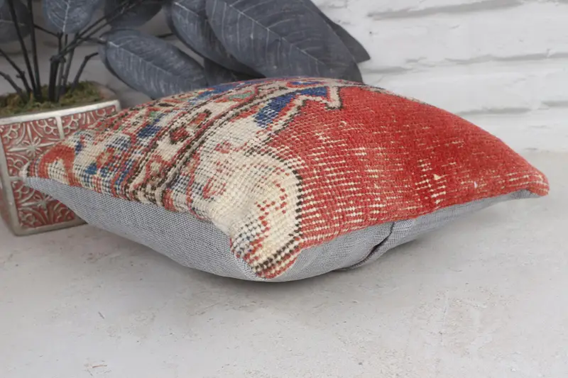 Pillow Case, 12x12 Red Pillow Case, Kilim Cushion Sham, Turkish Kilim Pillow, Sustainable Cushion Cover, Vintage Kilim Throw Pillow - 6