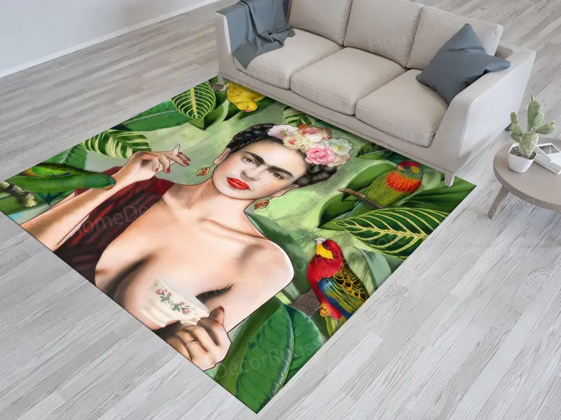 Bedruckter Teppich mit Frida-Kahlo-Teetasse: Vogeldschungel, Frauendesign