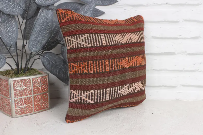 Antique Pillows, Cushion Case, 12x12 Red Pillow Cover, Car Cushion, Handmade Kilim Cushion, Throw Kilim Pillow, Bolster Throw Cushion - 4