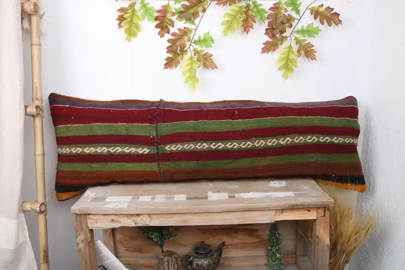 Kilim Cushion Sham, Seat Pillow Case, 16x48 Green Cushion Case, Cushion, Turkish Pillow, Cozy Throw Pillow, Throw Kilim Pillow, Ottoman Cushion Case - 1